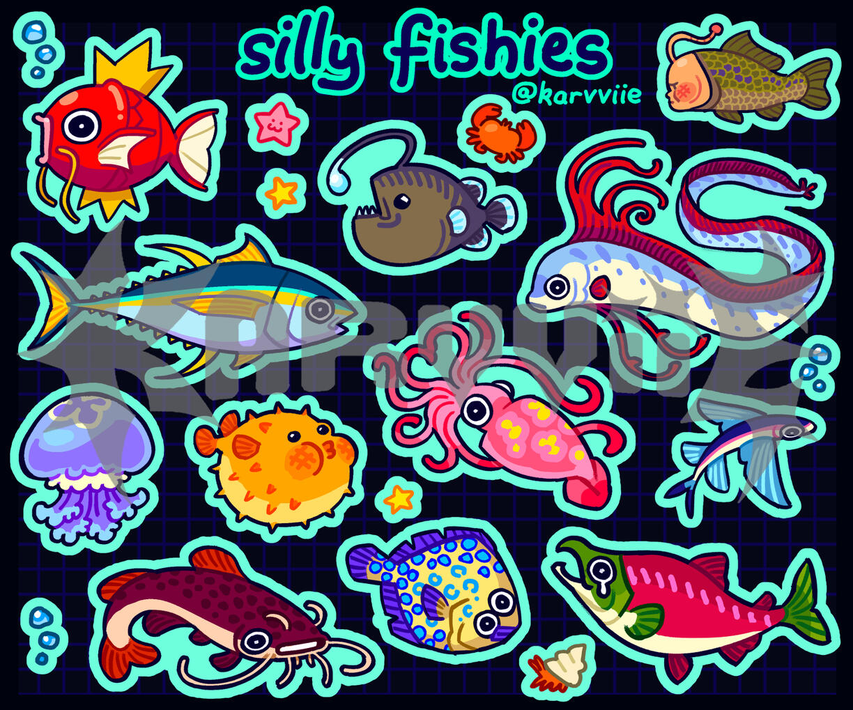 sticker sheet - silly fishies